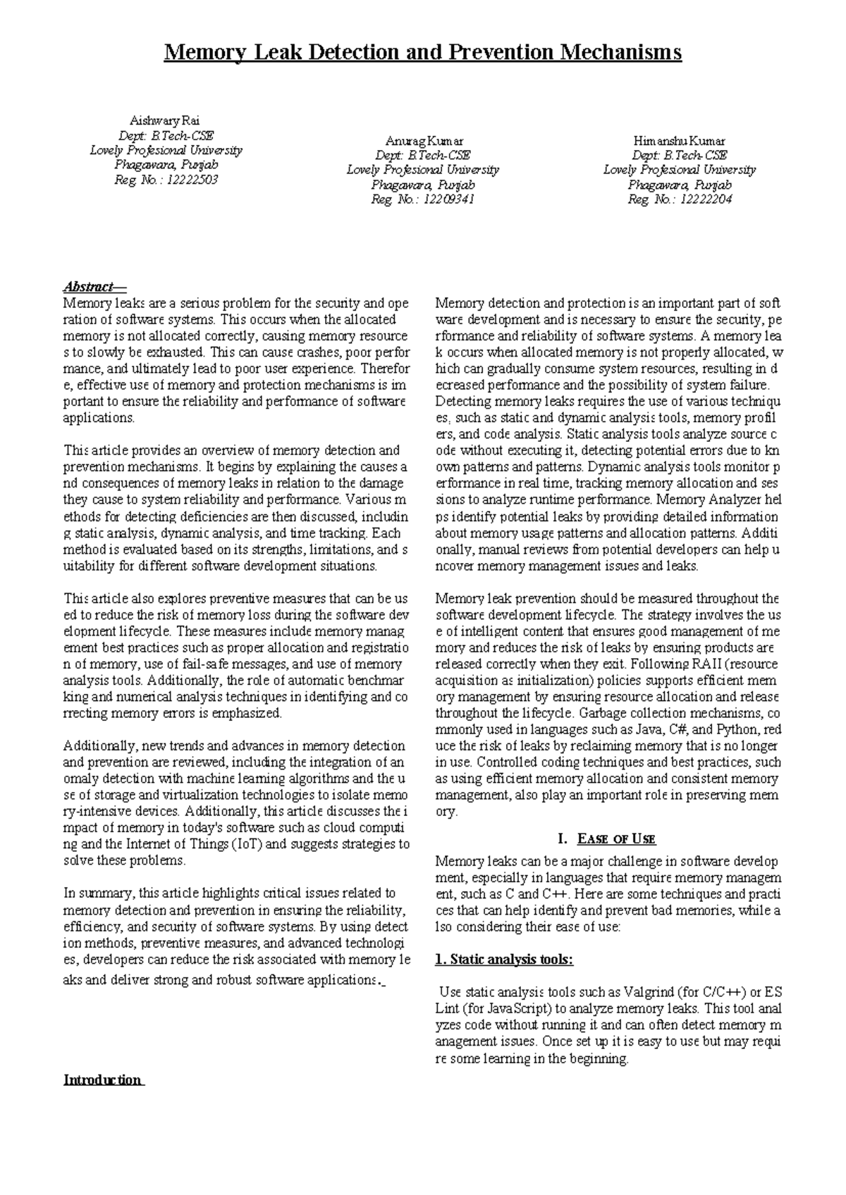 B.Tech-CSE OS Memory Leak Detection and Prevention Research Paper - Studocu