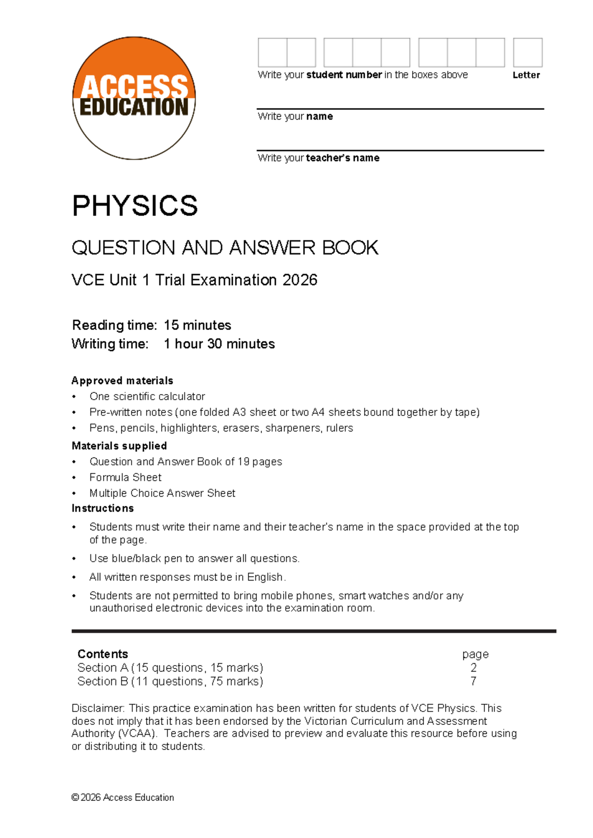 Access Education PHYSICS Unit 1 Trial Exam 2026 - Studocu
