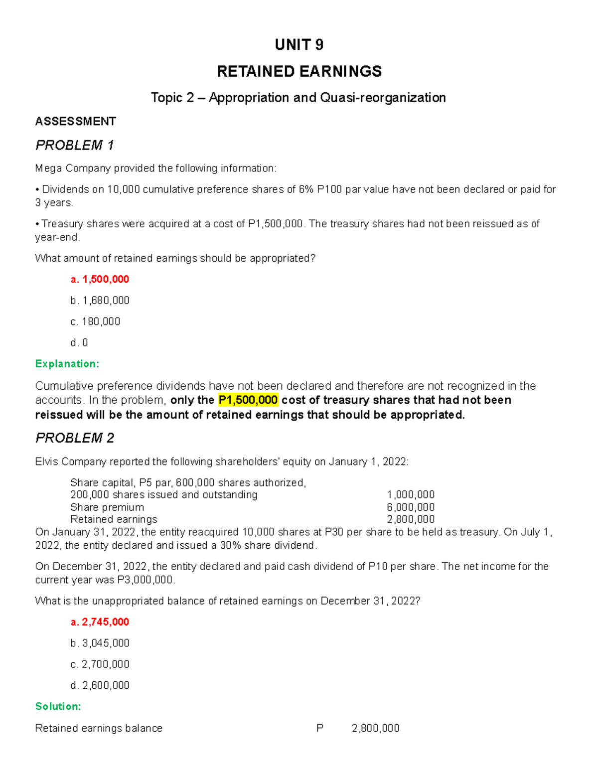 Unit 9 Topic 2 - Retained Earnings Assessment and Problems - Studocu