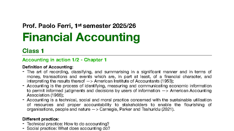 Financial Accounting - Class 1 Notes on Accounting Principles and ...