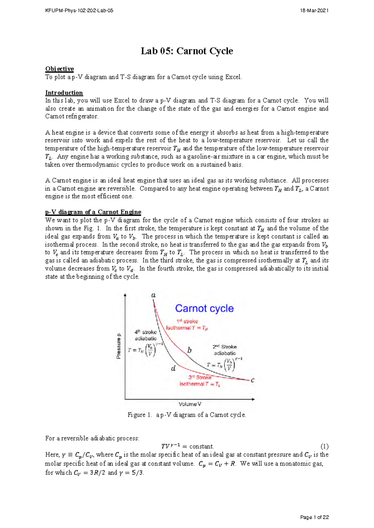 Lab 05: Carnot Engine Cycle Analysis and Excel Plotting - Studocu