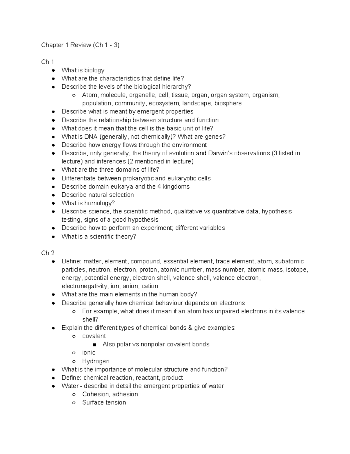 Biology Chapter 1-3 Review Notes (BIO101) - Studocu