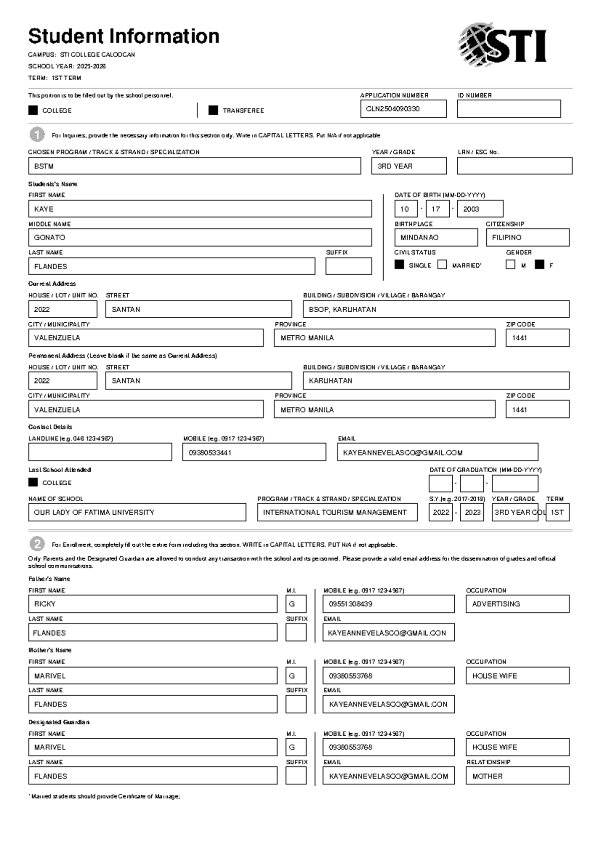 STI COLLEGE CALOOCAN: Student Info Form for 1st Term 2025 - Studocu