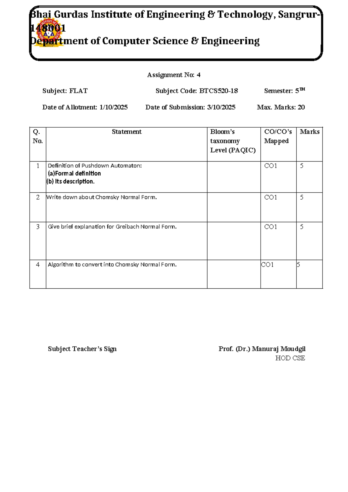 Assignment 4 FLAT - notes - Assignment No: 4 Subject: FLAT Subject Code ...