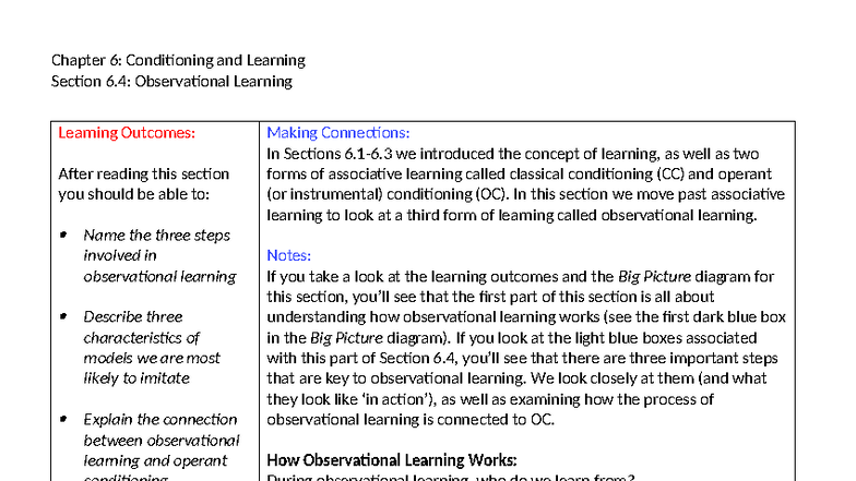 Chapter 6: Conditioning & Learning - Observational Learning Notes - Studocu