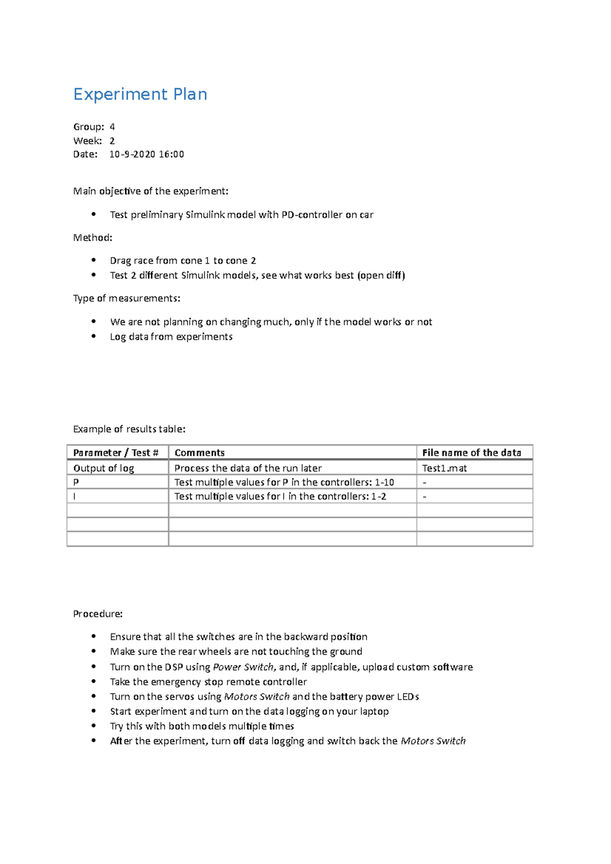 Experiment Plan for Group 4 - Simulink PD-Controller Testing - Studeersnel