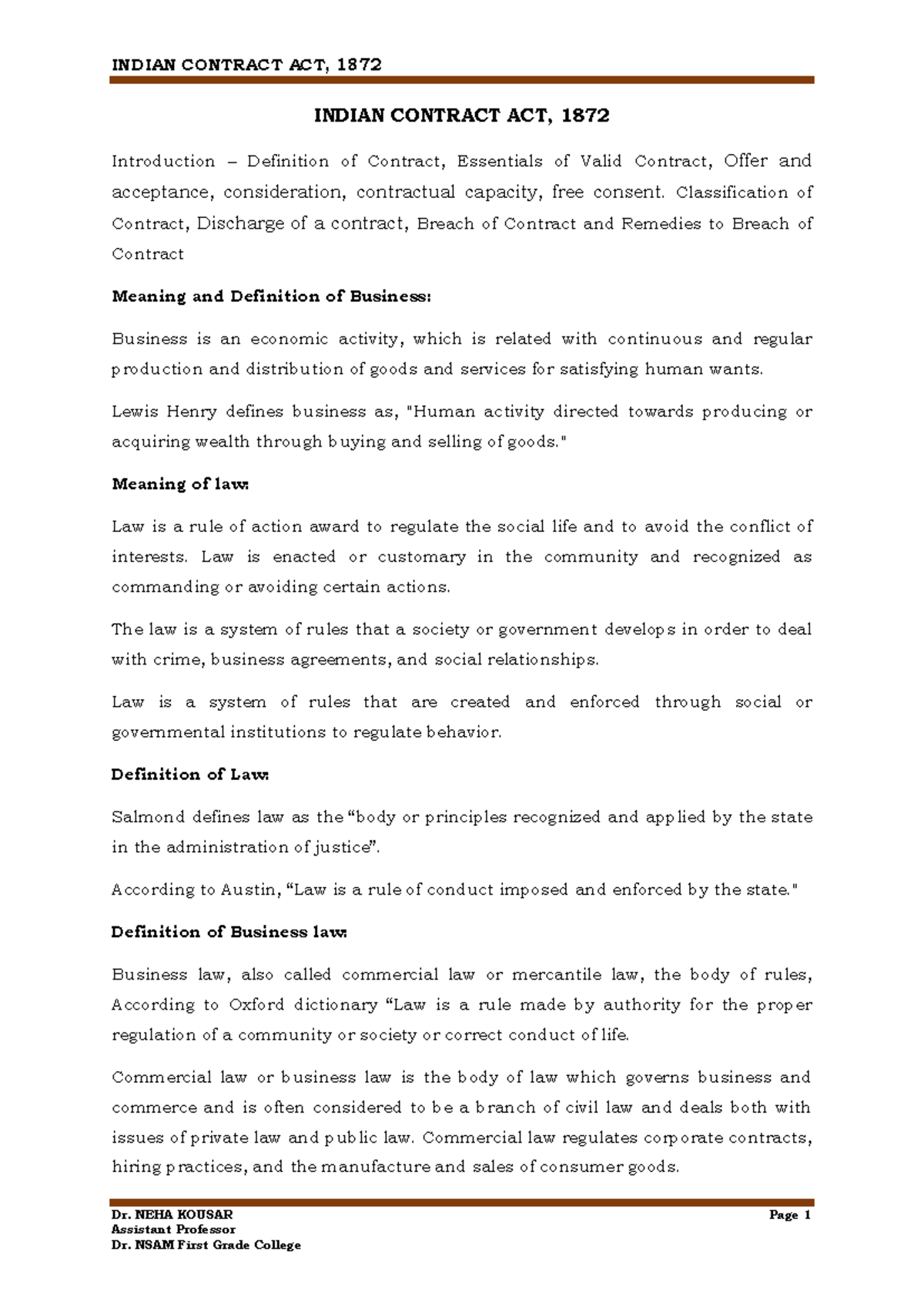 BRF UNIT 1 - Notes for brf - Dr. NEHA KOUSARAssistant Professor Page 1 ...