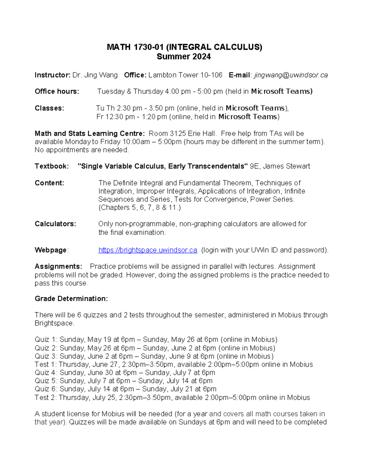 MATH 1730-01 Course Outline for Integral Calculus - Summer 2024 - Studocu