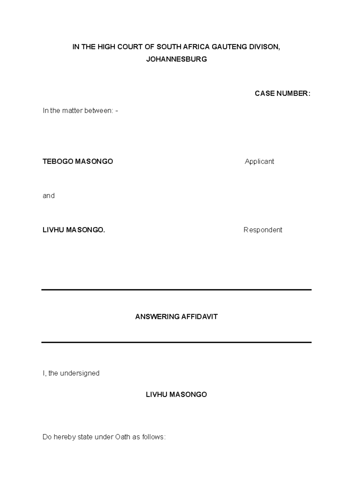 Final Answering Affidavit: Livhu Masongo vs. Tebogo Masongo (Case No ...