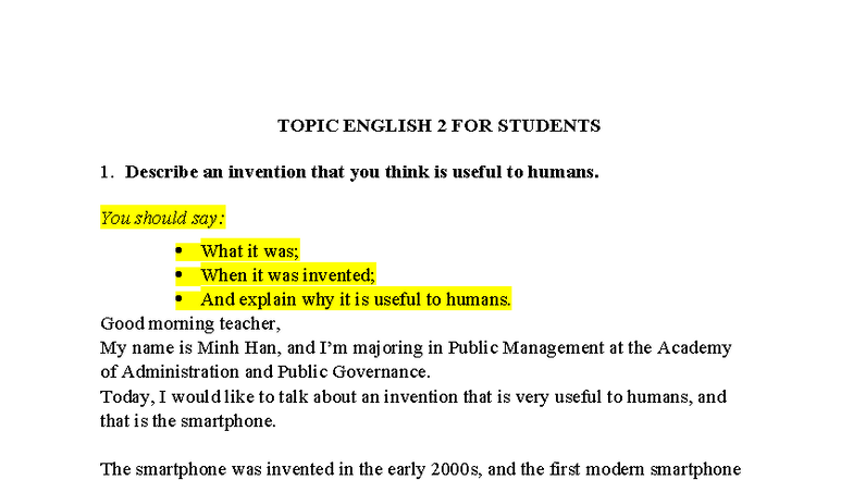 Topic English 2 FOR Students - TOPIC ENGLISH 2 FOR STUDENTS Describe an ...