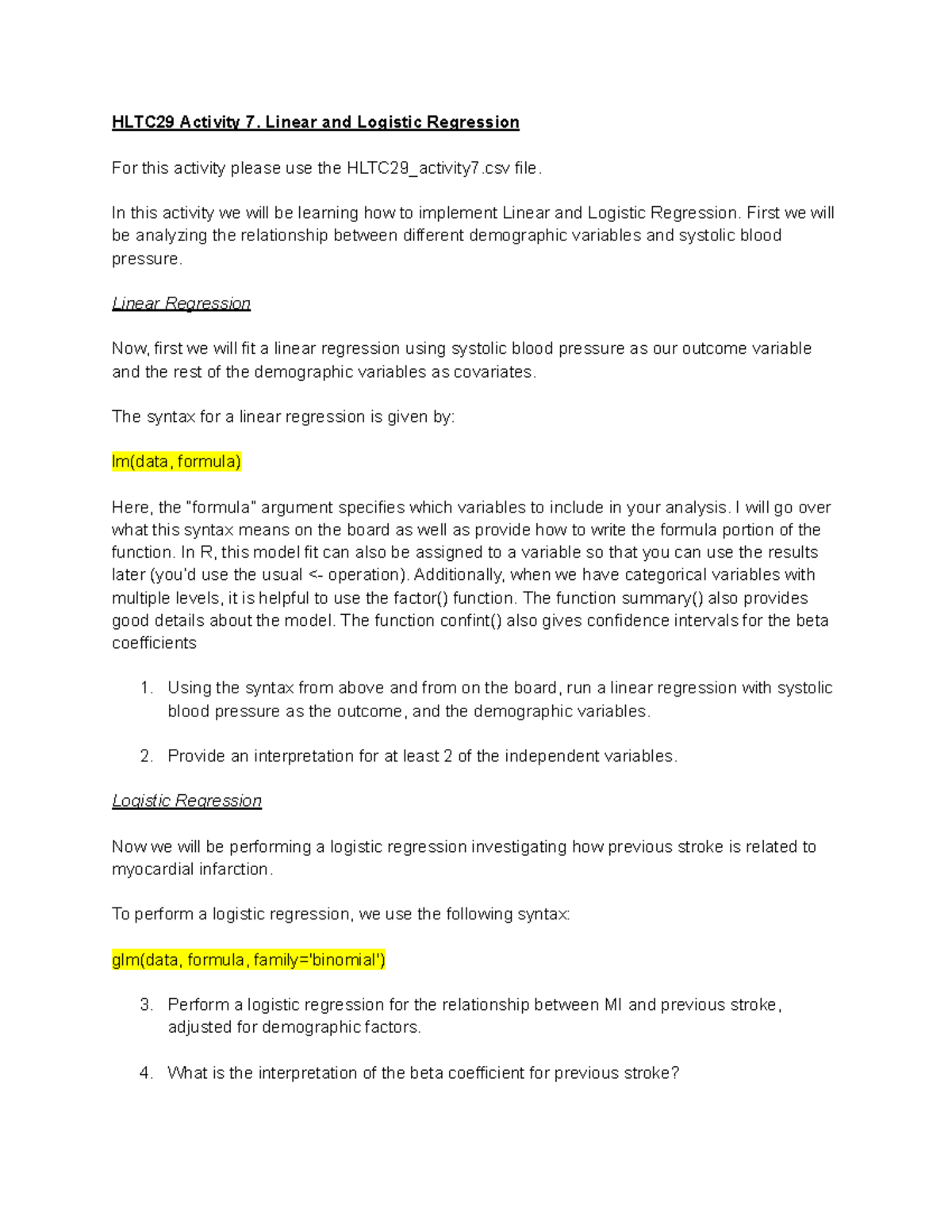 HLTC29 Activity 7: Linear & Logistic Regression Analysis Winter 2026 ...