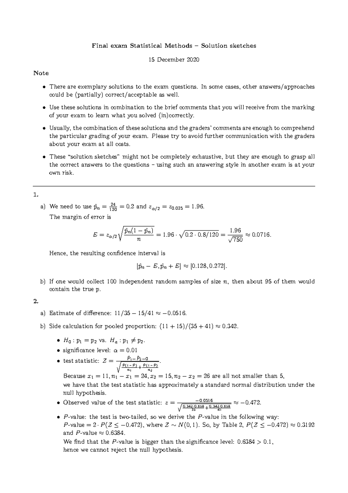 Final Exam Statistical Methods 2012 - Solution Sketches - Studeersnel