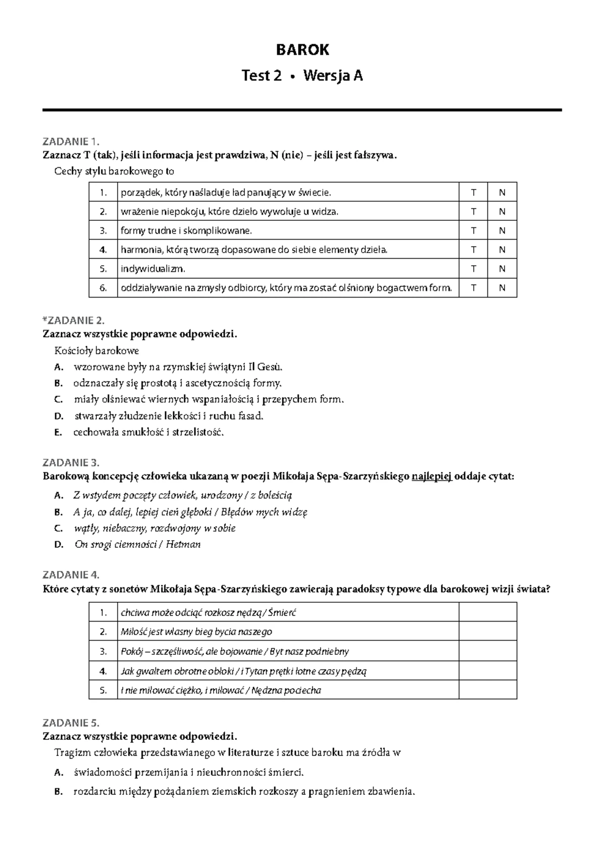 Sprawdzian Z Epoki Baroku Szkola Srednia