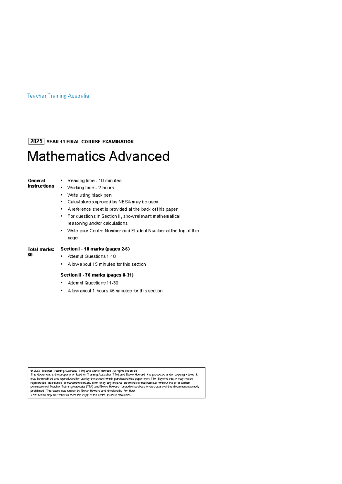 2025 MATHEMATICS ADVANCED YEAR 11 FINAL EXAMINATION - Studocu