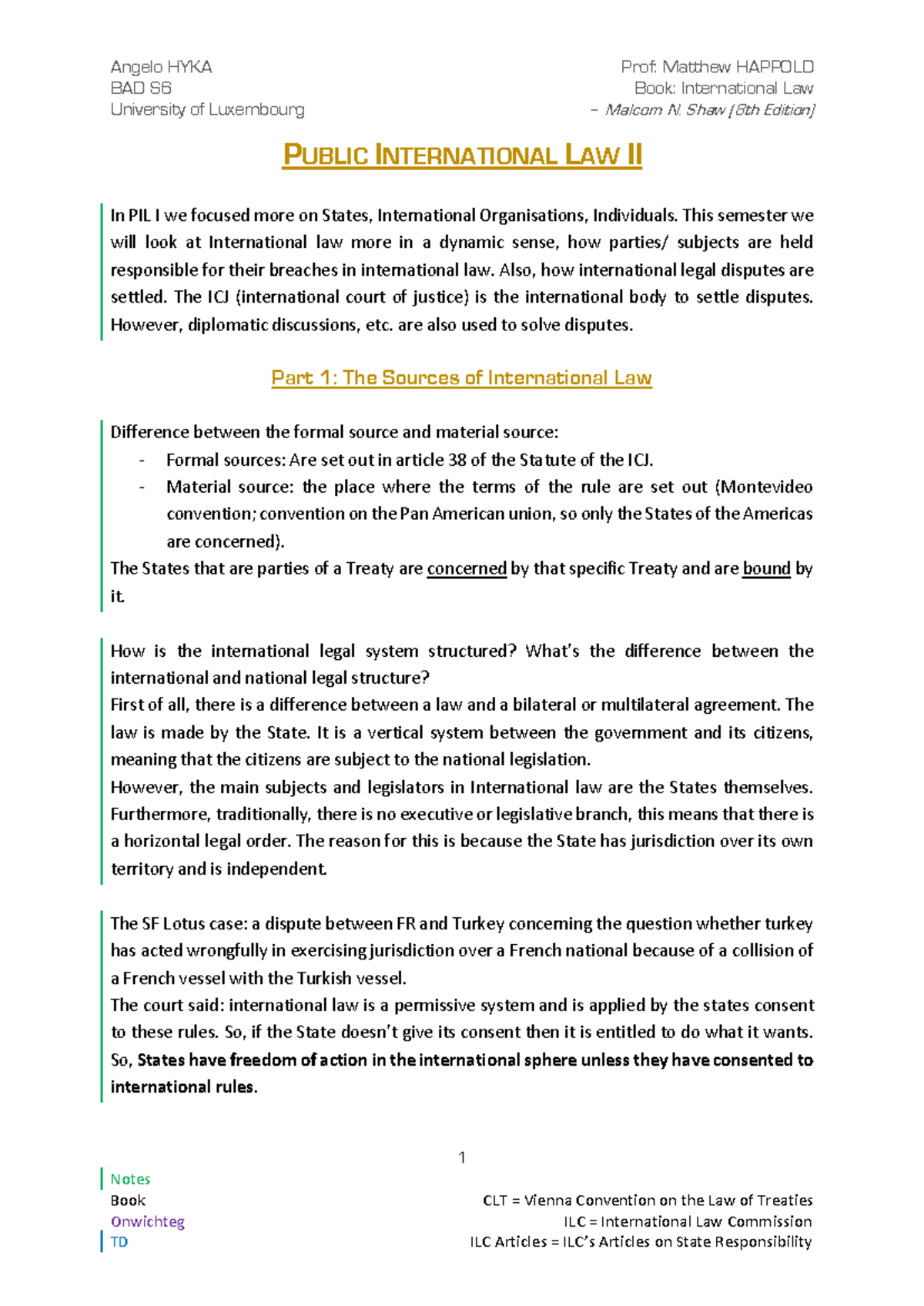 Public International Law II (BAD S6) - Lecture Notes on Treaties and ...