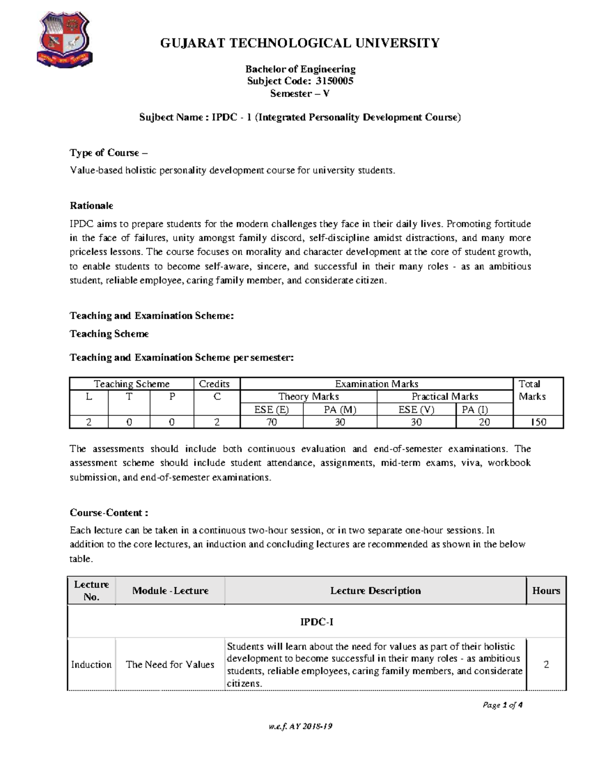 IPDC 1: Holistic Personality Development Course Overview - BE Semester ...