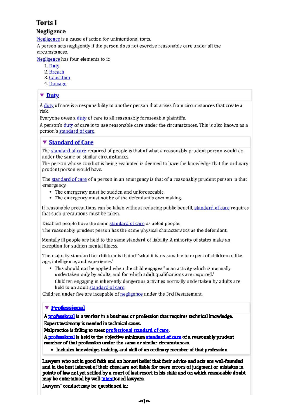 Torts I: Negligence Outline and Key Concepts - Studocu