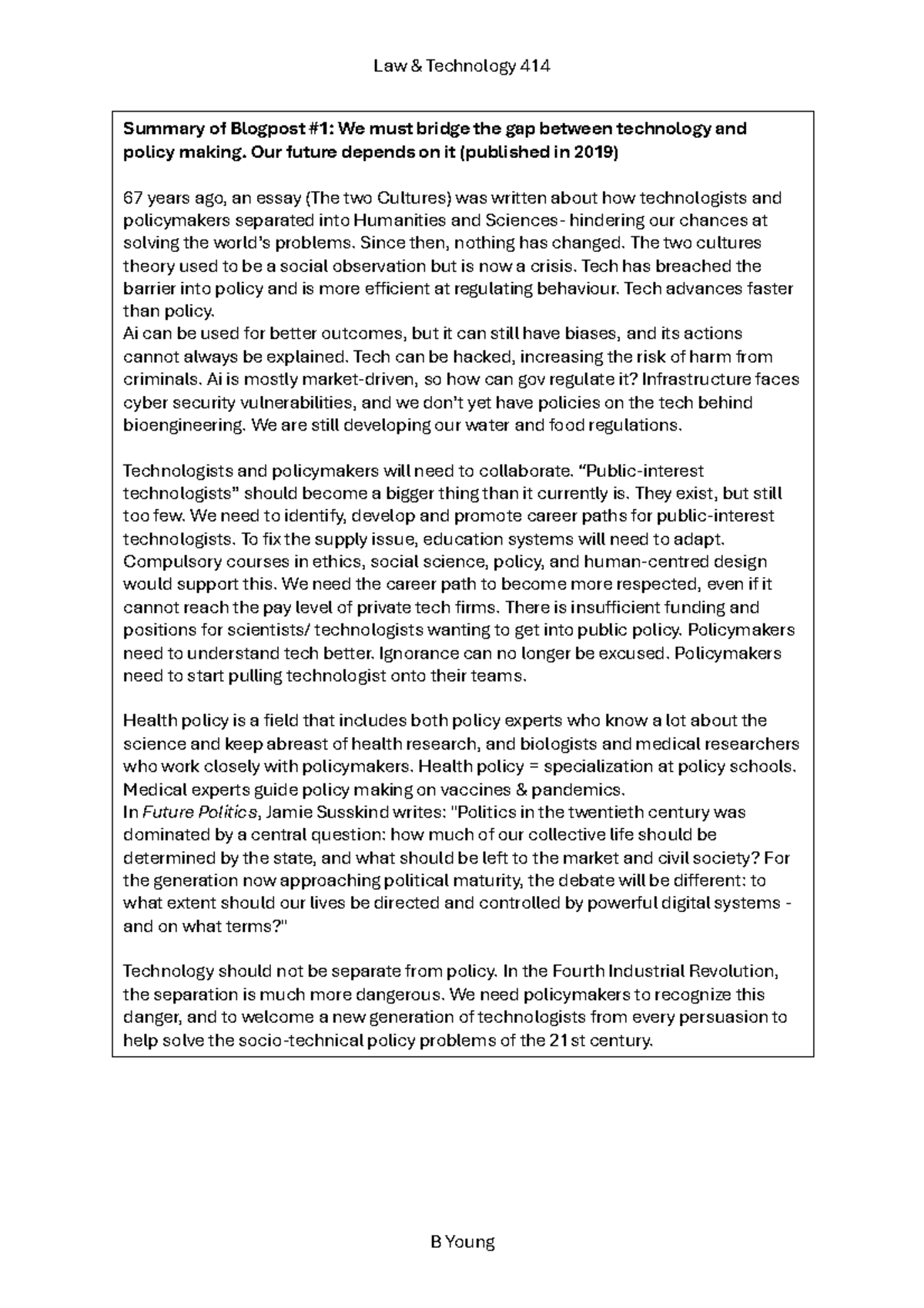 Law Technology 414 Summary: Bridging Tech and Policy Gaps - Studocu