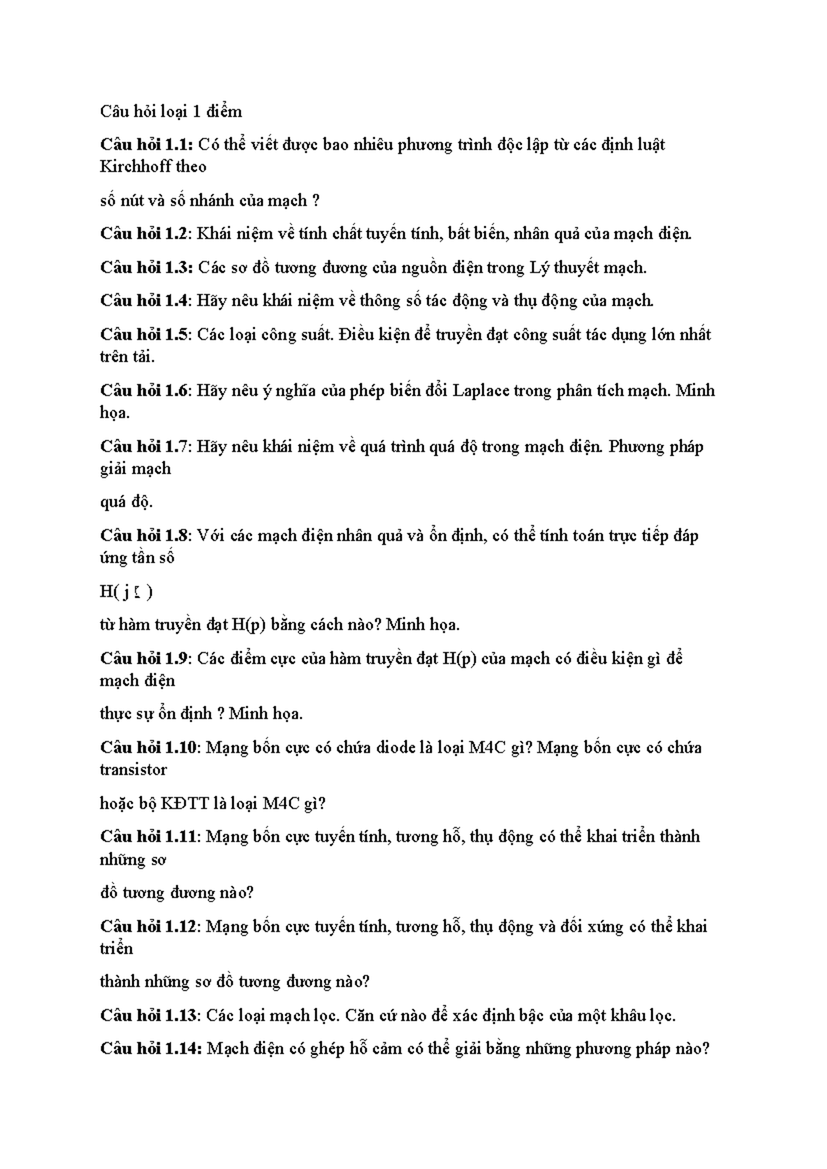 Câu hỏi loại 1 điểm - Ôn tập môn Điện Tử Tương Tự - Document Preview