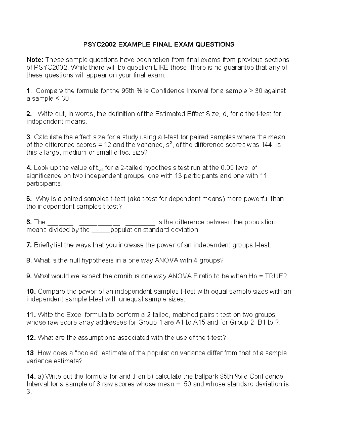 PSYC2002 Sample Final Exam Questions and Key Concepts - Studocu