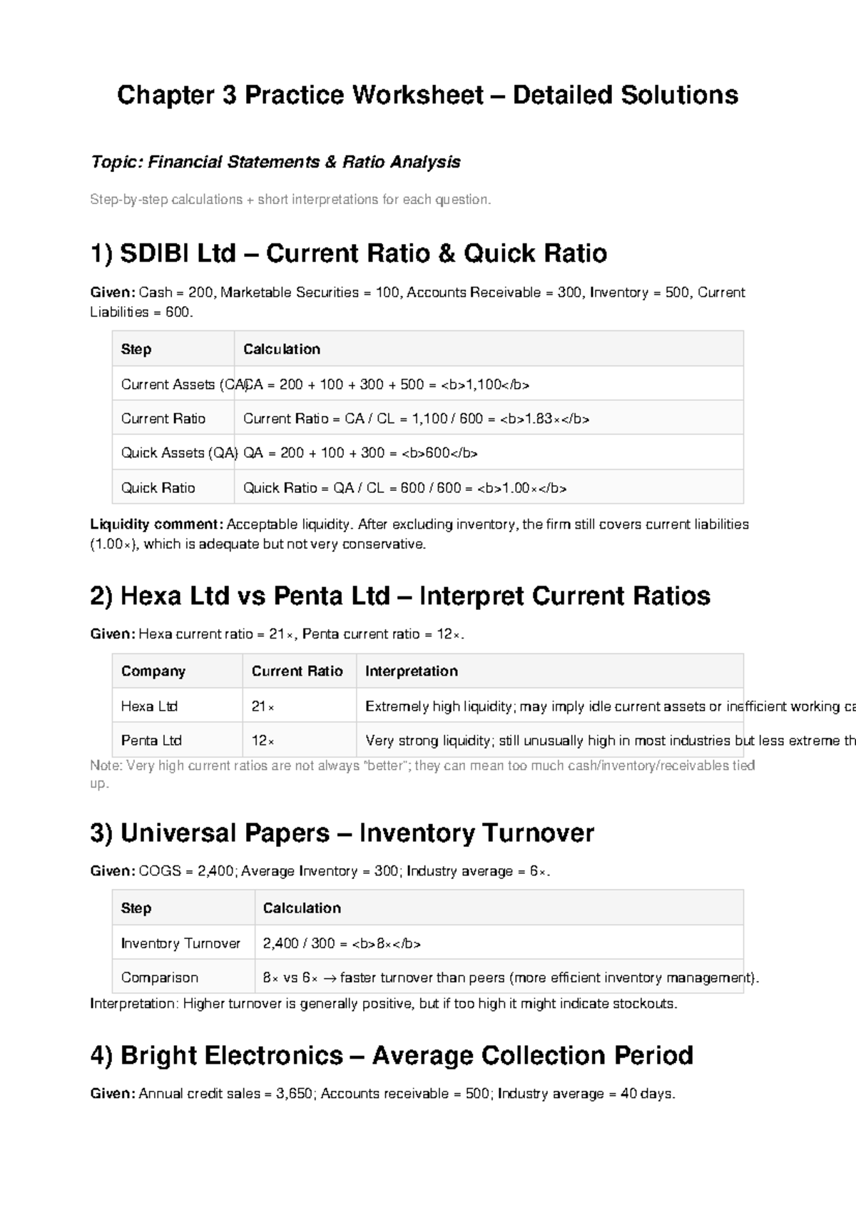 Chapter 3 Financial Ratio Analysis Solutions and Interpretations - Studocu