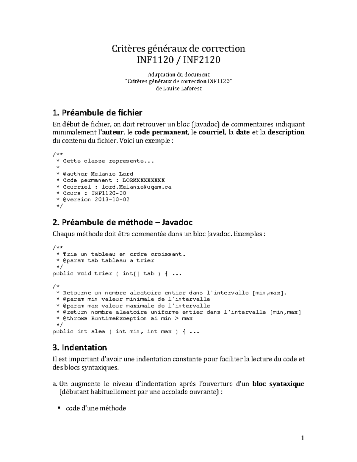 Critères de Correction pour INF1120 INF2120 : Bonnes Pratiques de ...