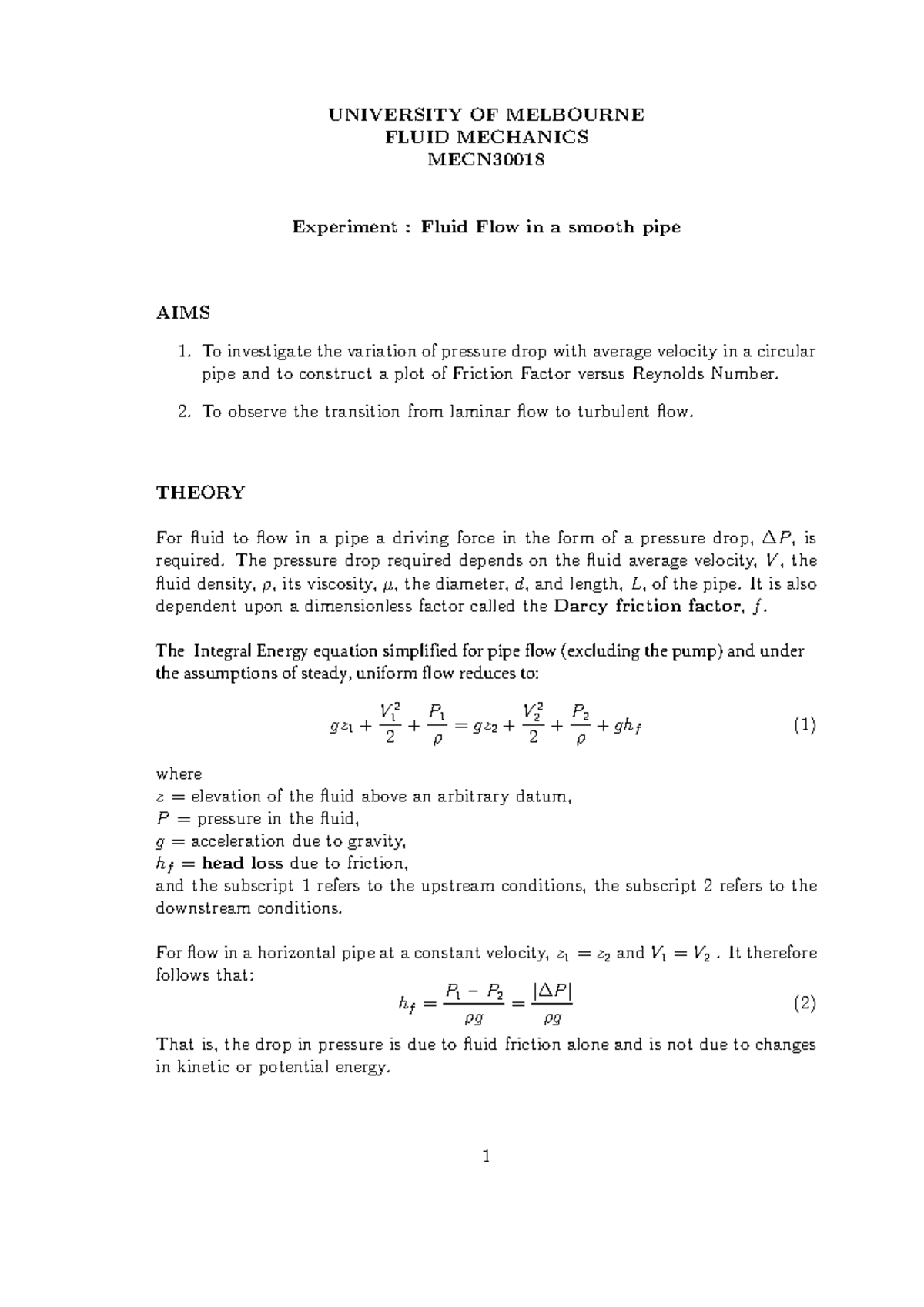 MECN30018 Fluid Mechanics Experiment: Pipe Friction Analysis - Studocu