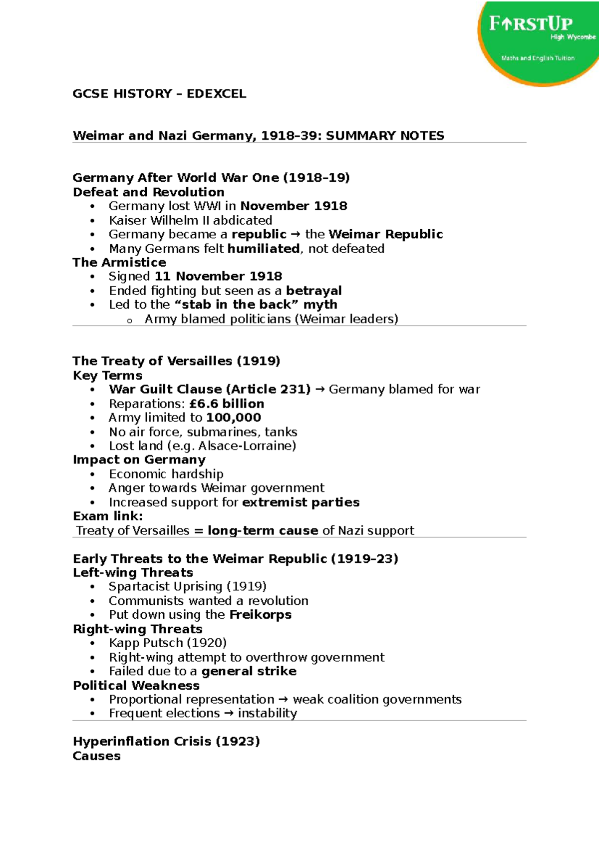 GCSE HISTORY EDEXCEL Weimar and Nazi Germany Summary Notes - Studocu