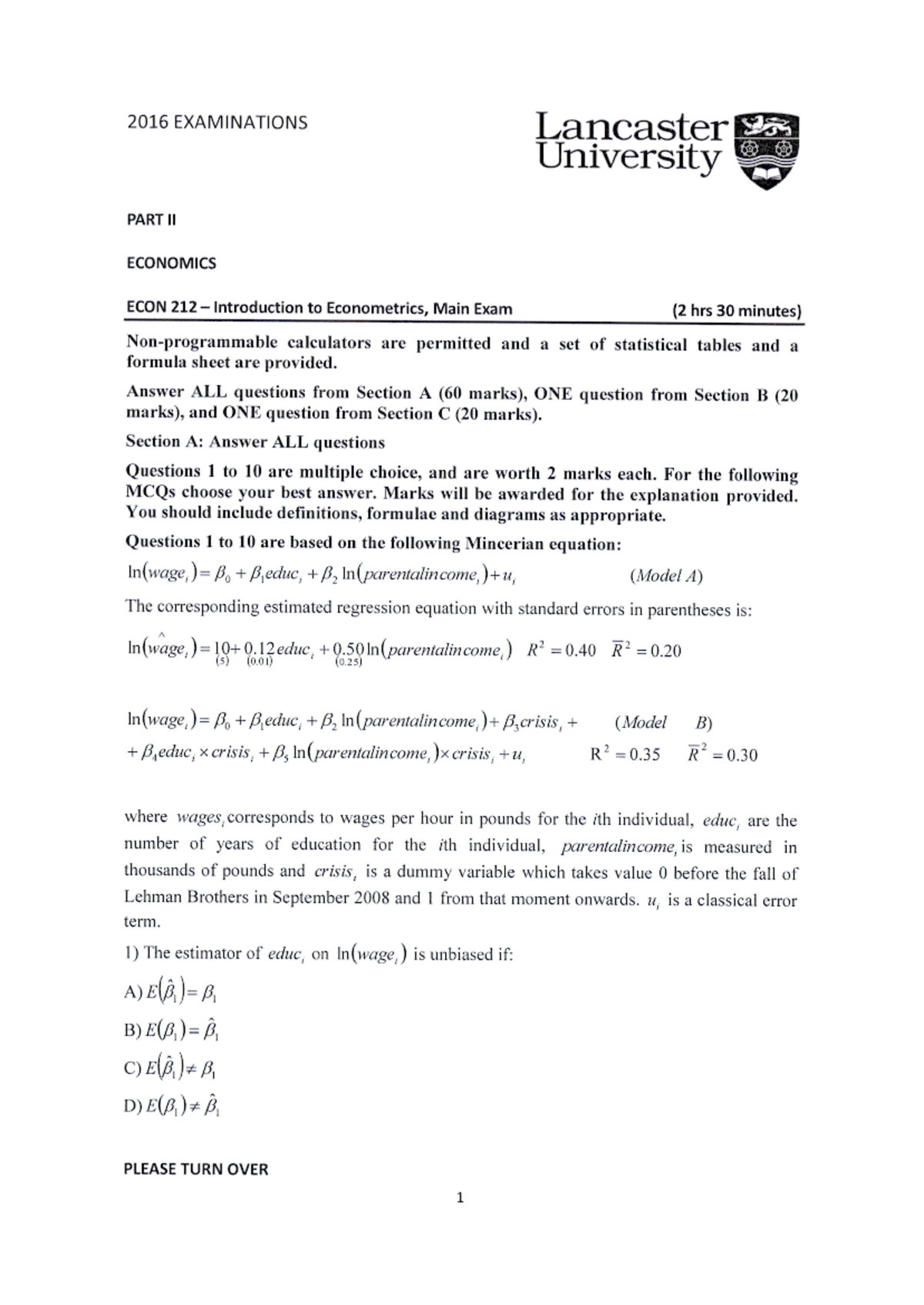 Final Exam ECON 212: Introduction to Econometrics - June 2017 Questions ...
