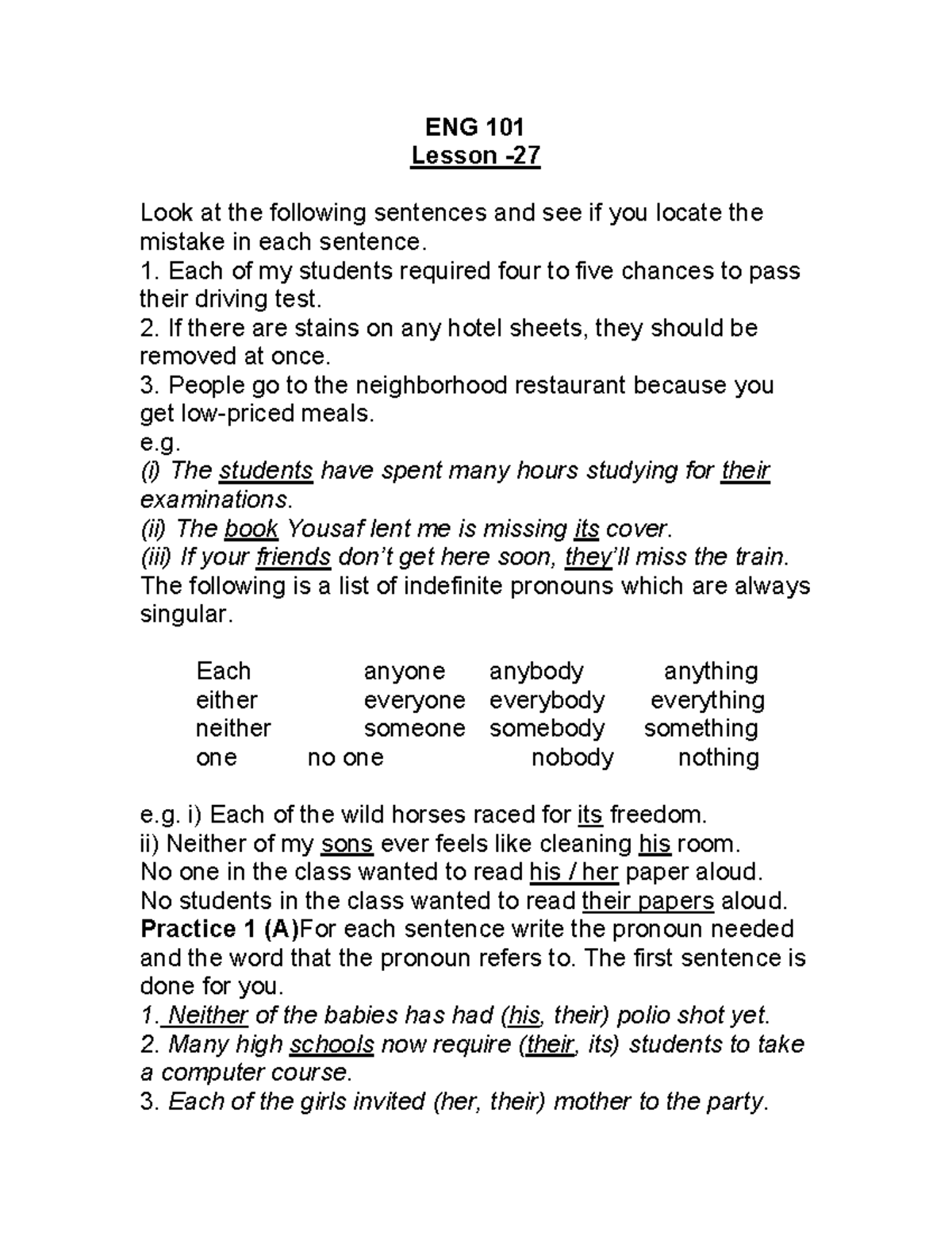 ENG 101 Lesson 27: Understanding Pronouns and Their Usage - Studocu