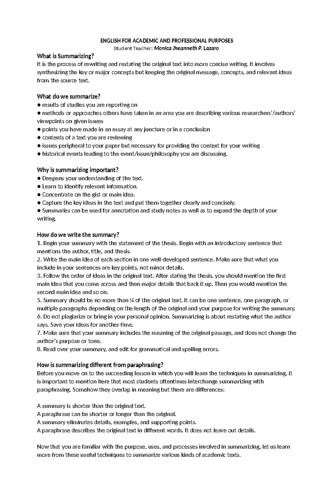 Summarizing Techniques for Academic Writing (ENG 101) - Studocu