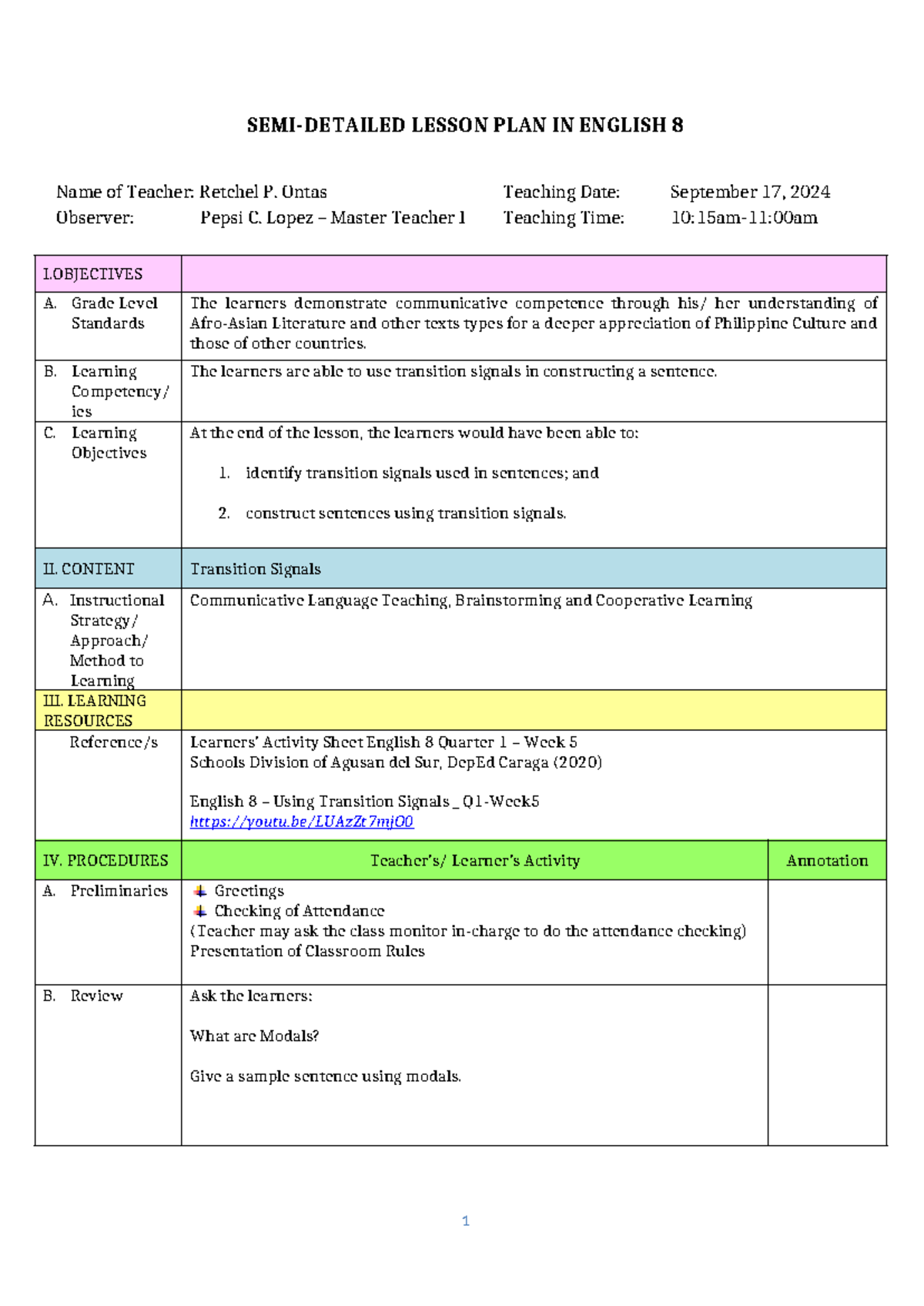 English 8 Lesson Plan: Using Transition Signals for 1st Qtr - Studocu