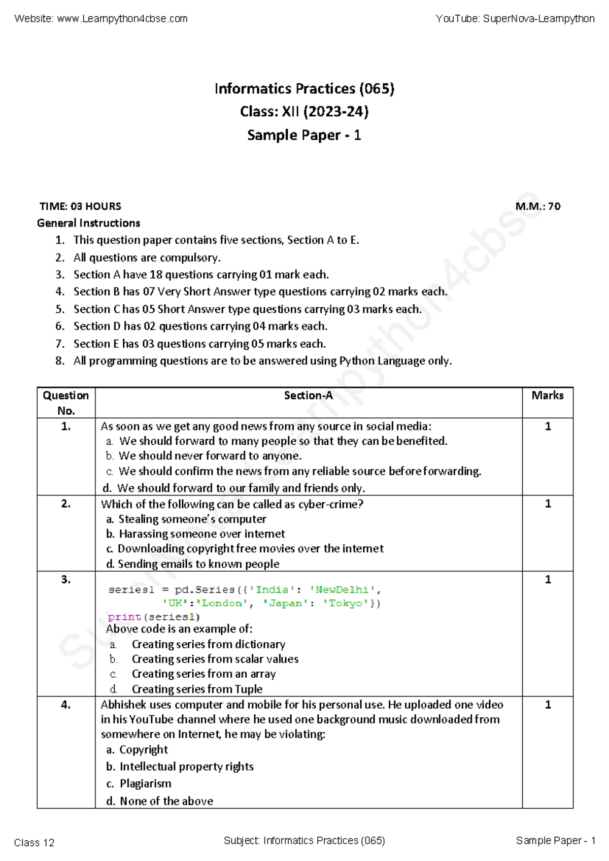 Class XII Informatics Practices (065) Sample Paper 1 with Python Tasks ...