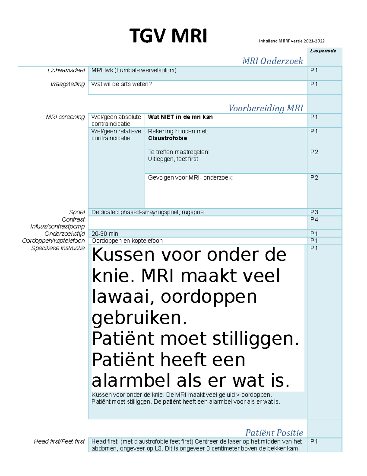 TGV MRI 2122 - Voorbereiding en Protocol MRI Onderzoek - Studeersnel