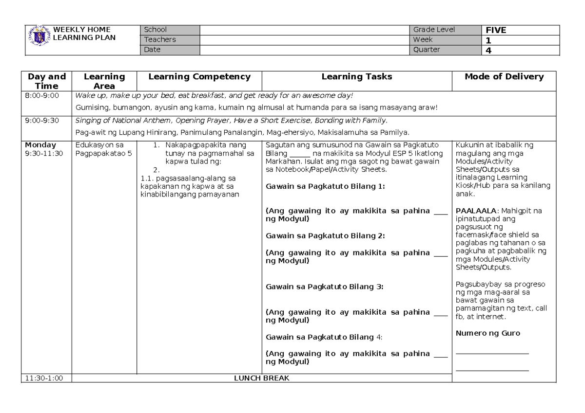 Weekly Lesson Plan (Grade 5) - Quarter 4 Activities and Competencies ...