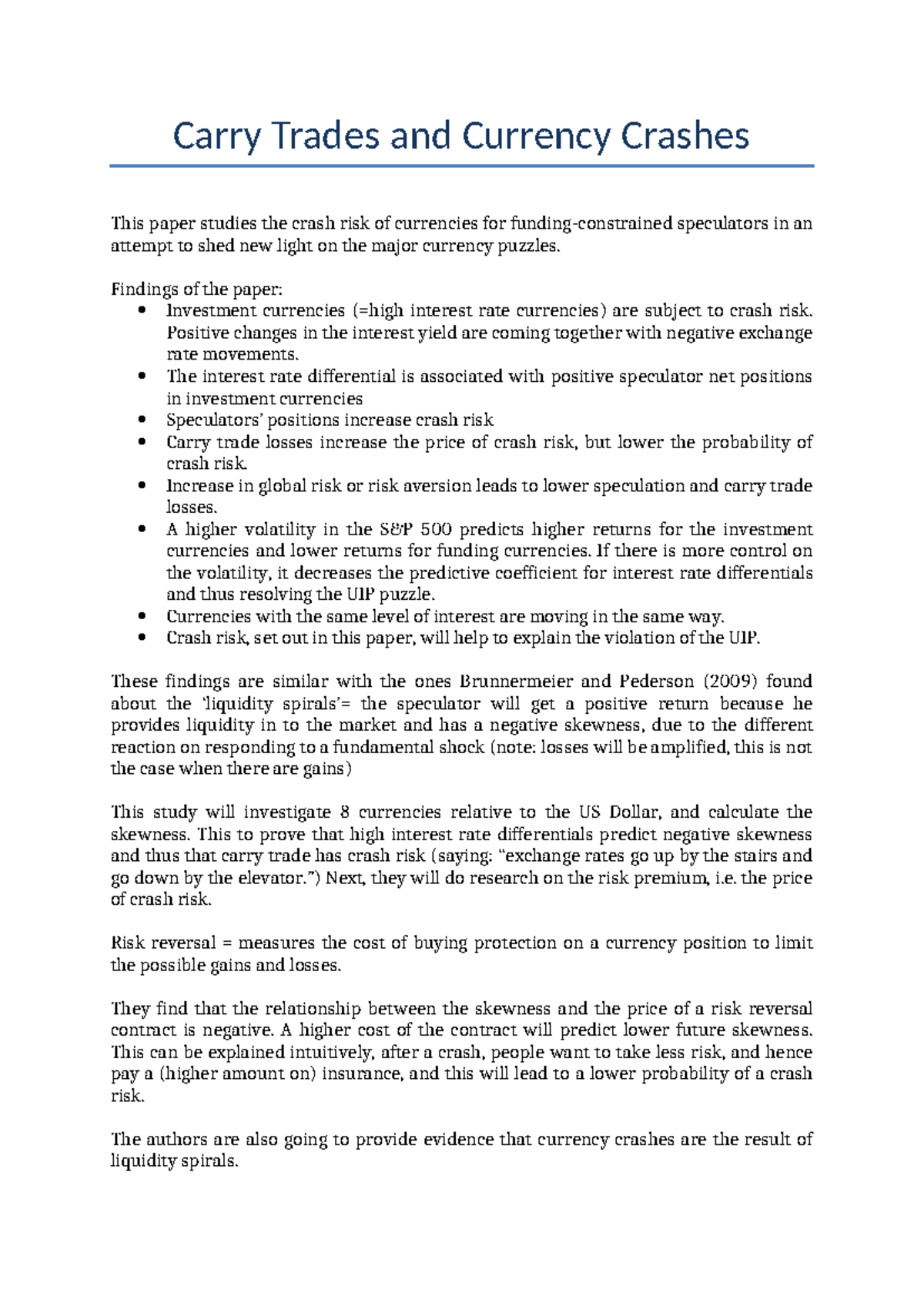Carry Trade and Currency Crash Risks: A Summary of Findings - Studocu