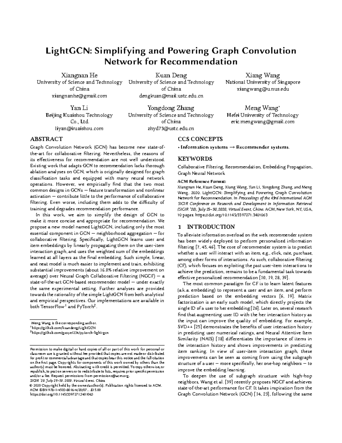 LightGCN: Simplifying Graph Convolution Networks for Recommendations ...