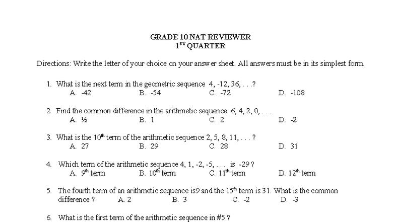 Grade 10 NAT Review: Practice for National Achievement Test - Studocu