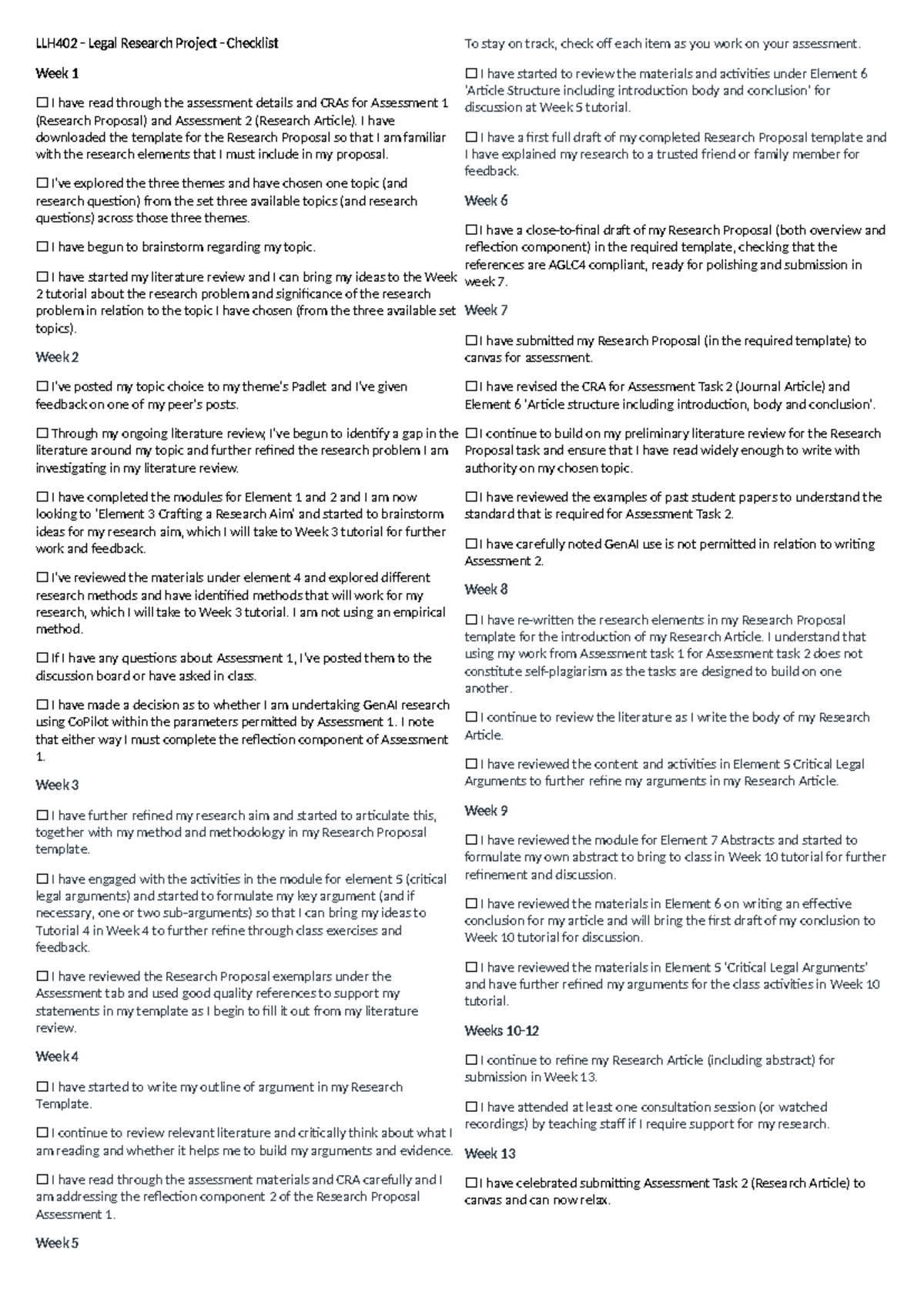 LLH402 Legal Research Project: Assessment 1 Checklist - Studocu