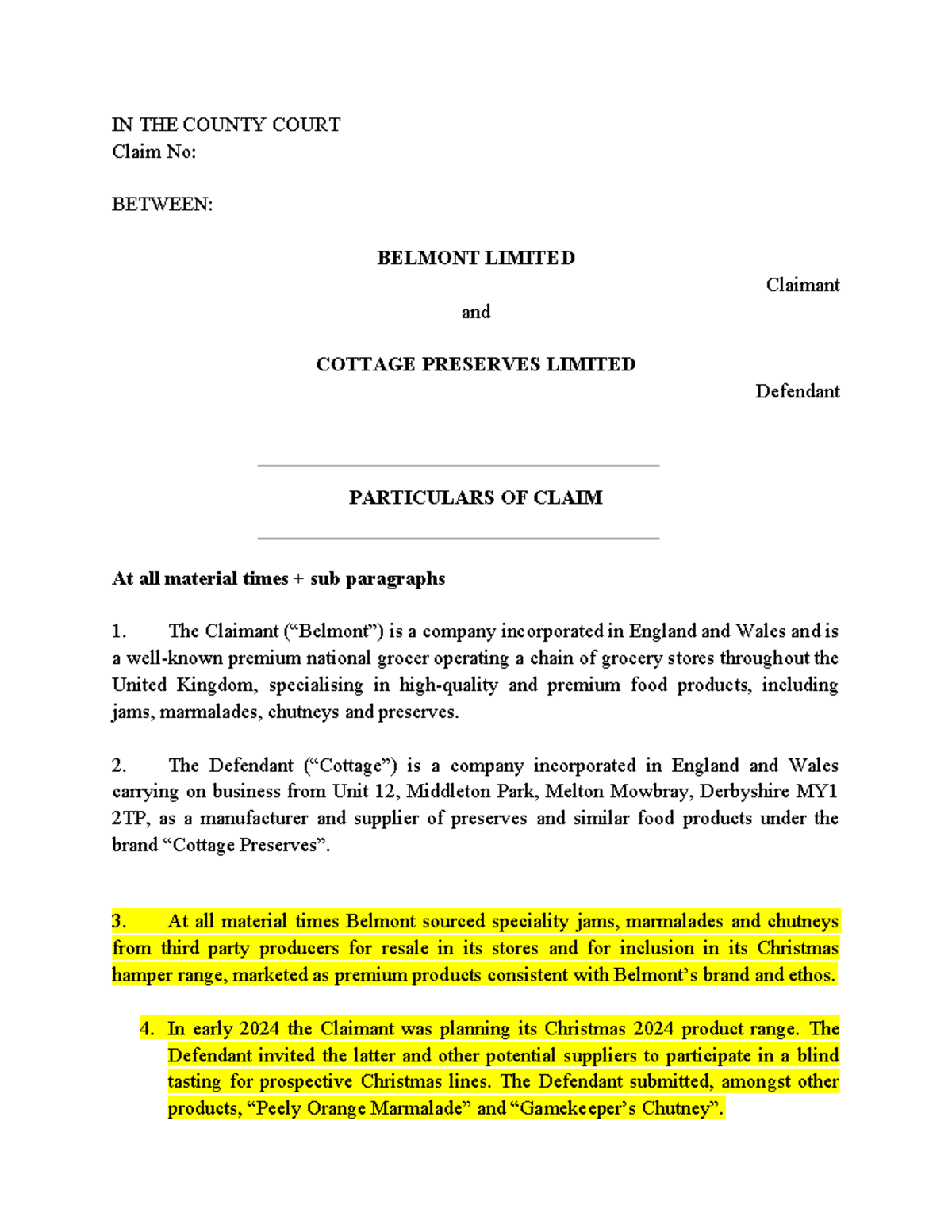 Belmont Limited v. Cottage Preserves Limited: Claim Details & Breach ...