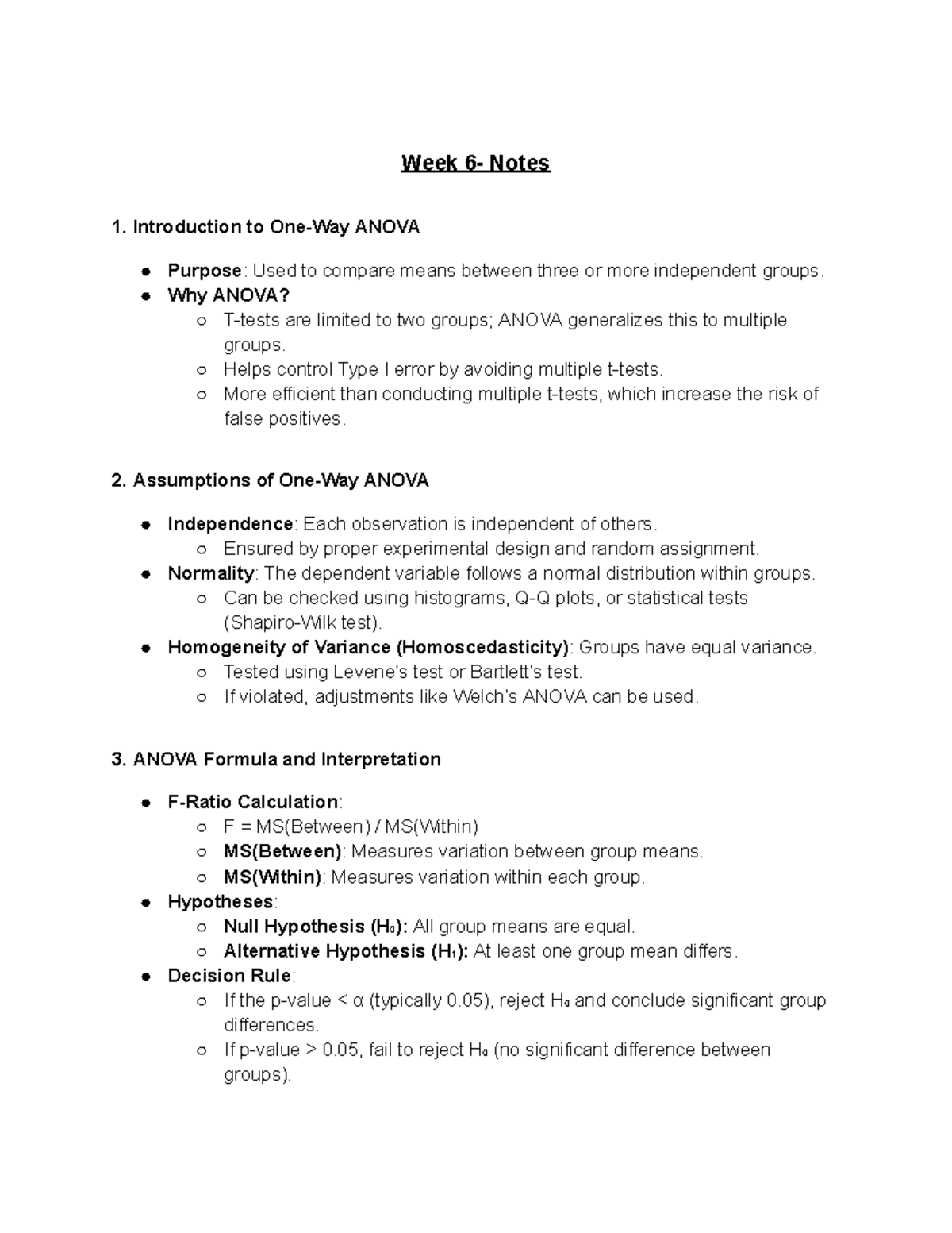 PSYU2248 Week 6 Notes: Introduction to ANOVA and Its Applications - Studocu