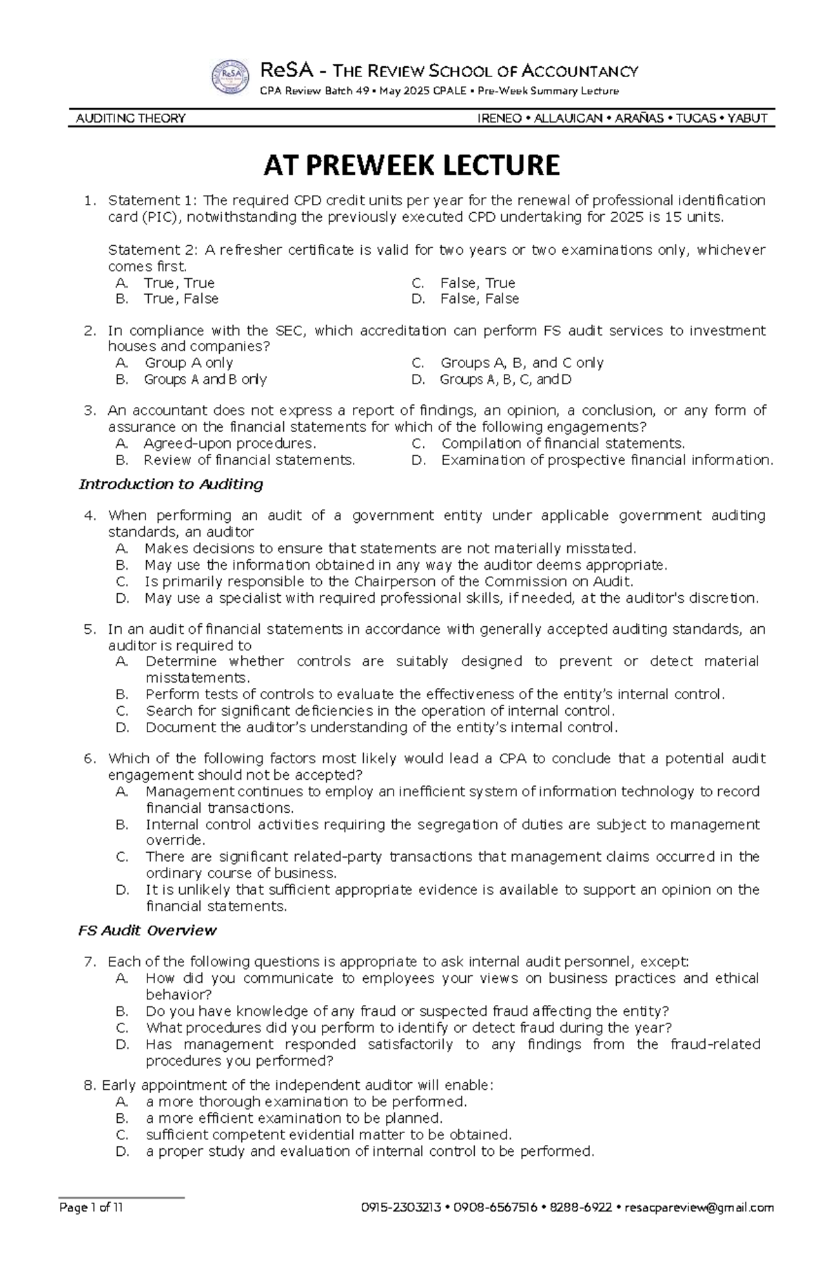 ReSA Batch 49 May 2025 CPALE Auditing Theory Summary Notes - Studocu