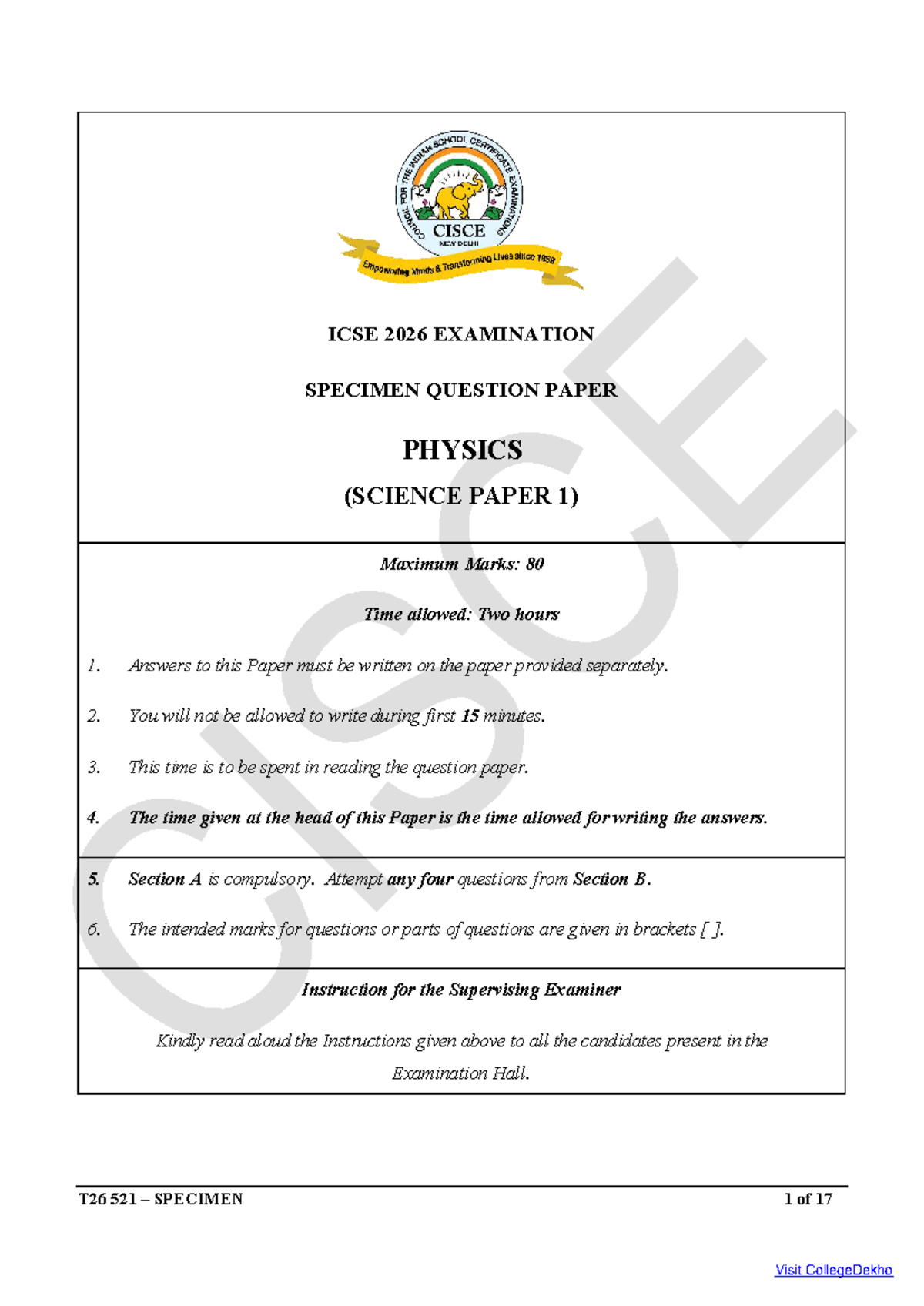 ICSE 2026 PHYSICS SPECIMEN QUESTION PAPER & MARKING SCHEME - Studocu