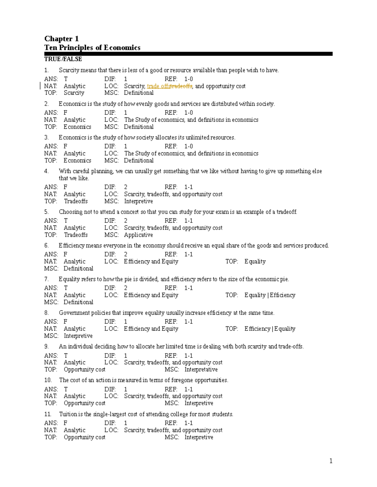 Chapter 1: Ten Principles of Economics - True/False & Multiple Choice ...