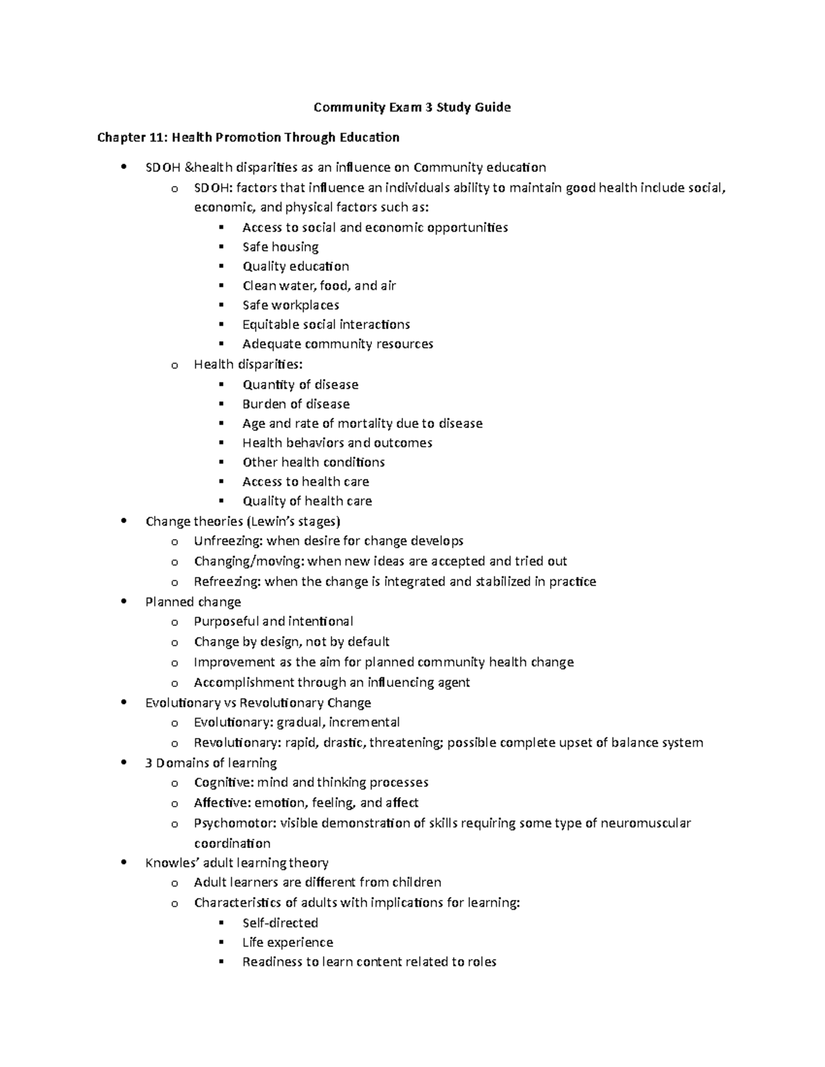 Community Exam 3 Study Guide: Health Promotion and Vulnerable ...