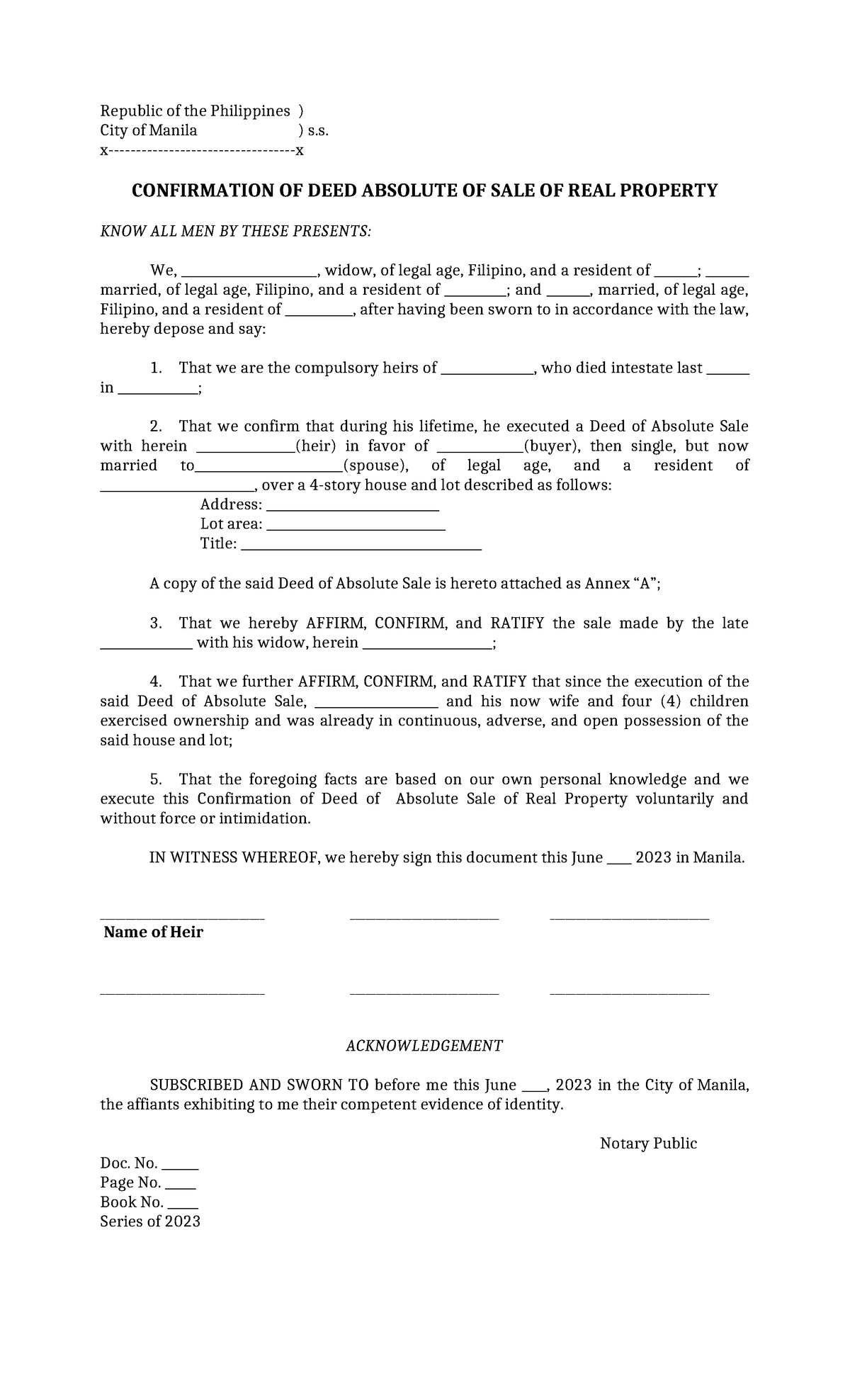 Confirmation of Deed of Absolute Sale of Real Property - Manila ...