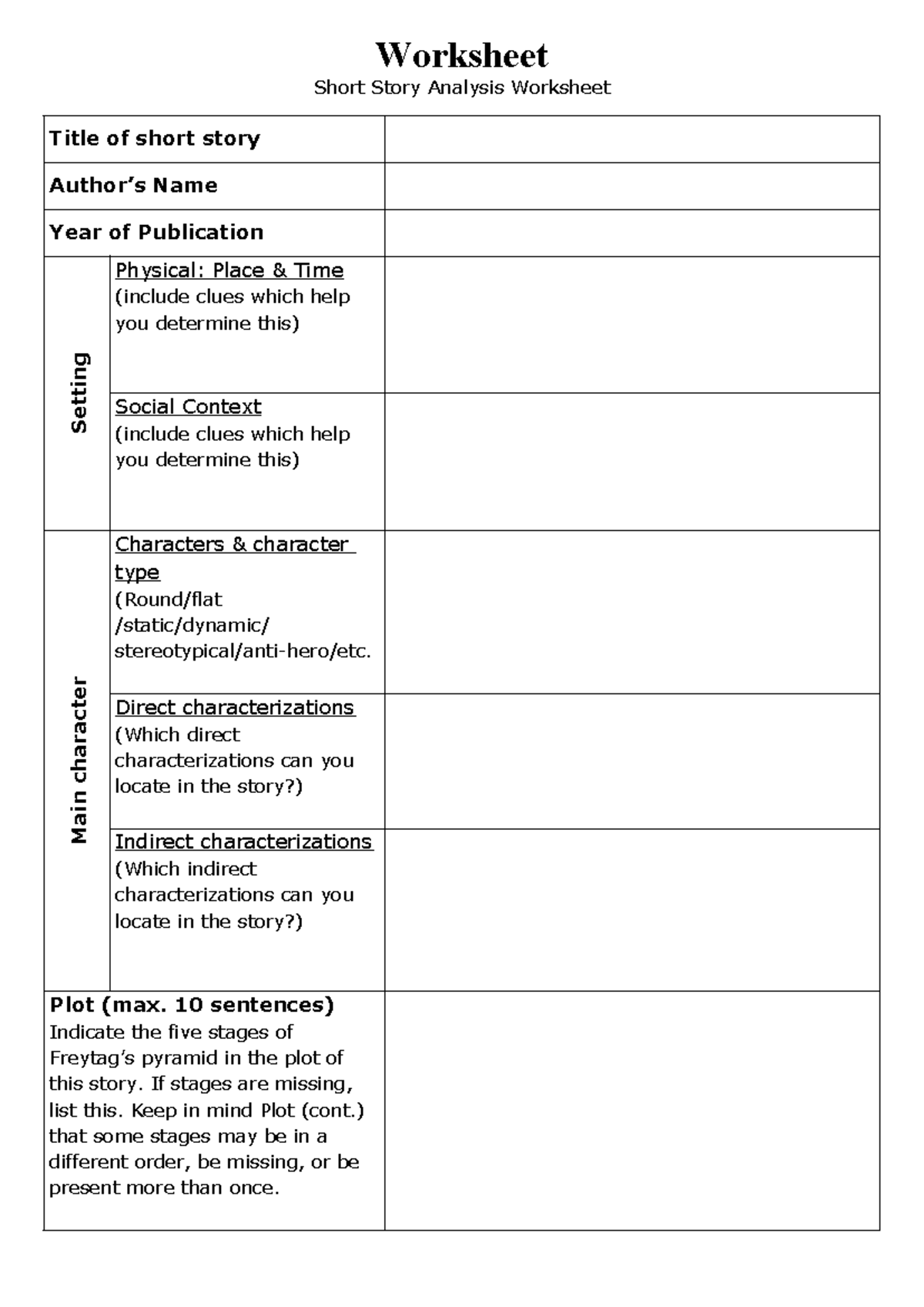 Short Story Analysis Worksheet Template - erer - Studeersnel