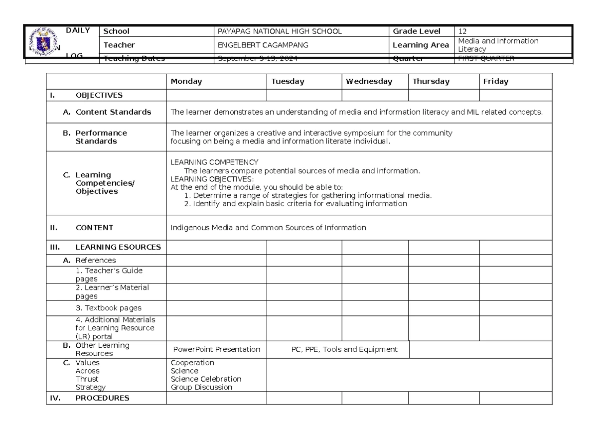 Grade 12 MIL Lesson Plan: Daily Module 4 - Aug 2024 - Studocu