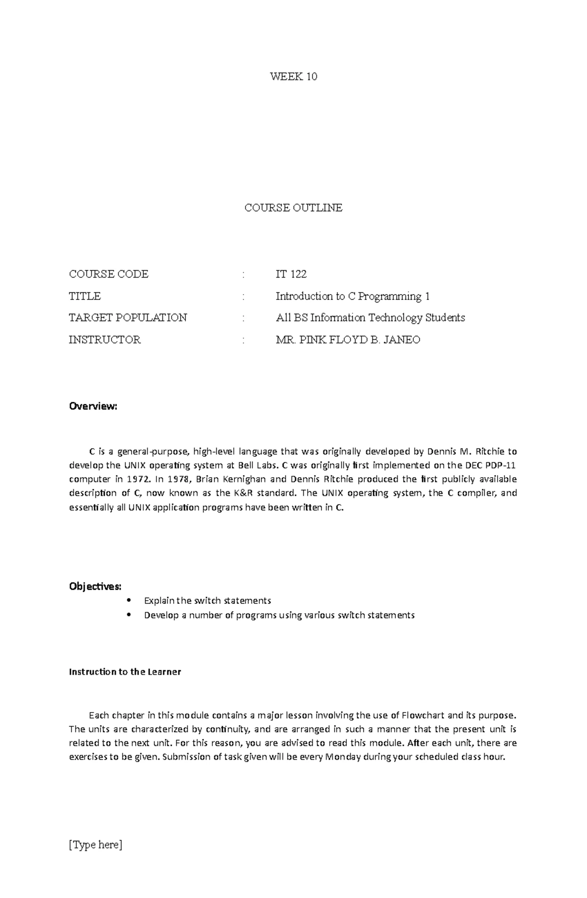 WEEK 5 - Lecture notes 1 - WEEK 5 Objectives At the end of this chapter ...