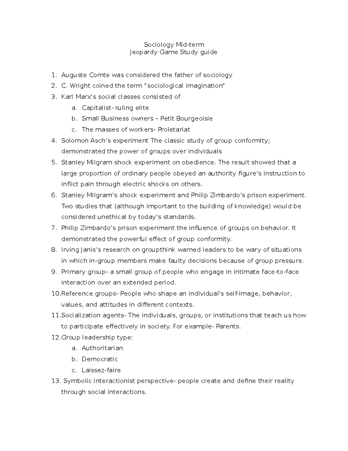 Sociology Midterm Study Guide: Key Concepts & Jeopardy Game Tips - Studocu